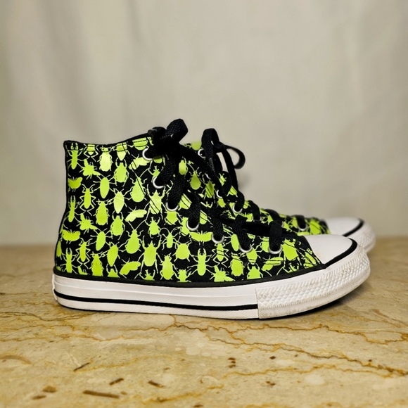 Converse All Star Black w/Neon Green Bugs Insects High-Top Sneaker Youth 2 - Picture 5 of 9
